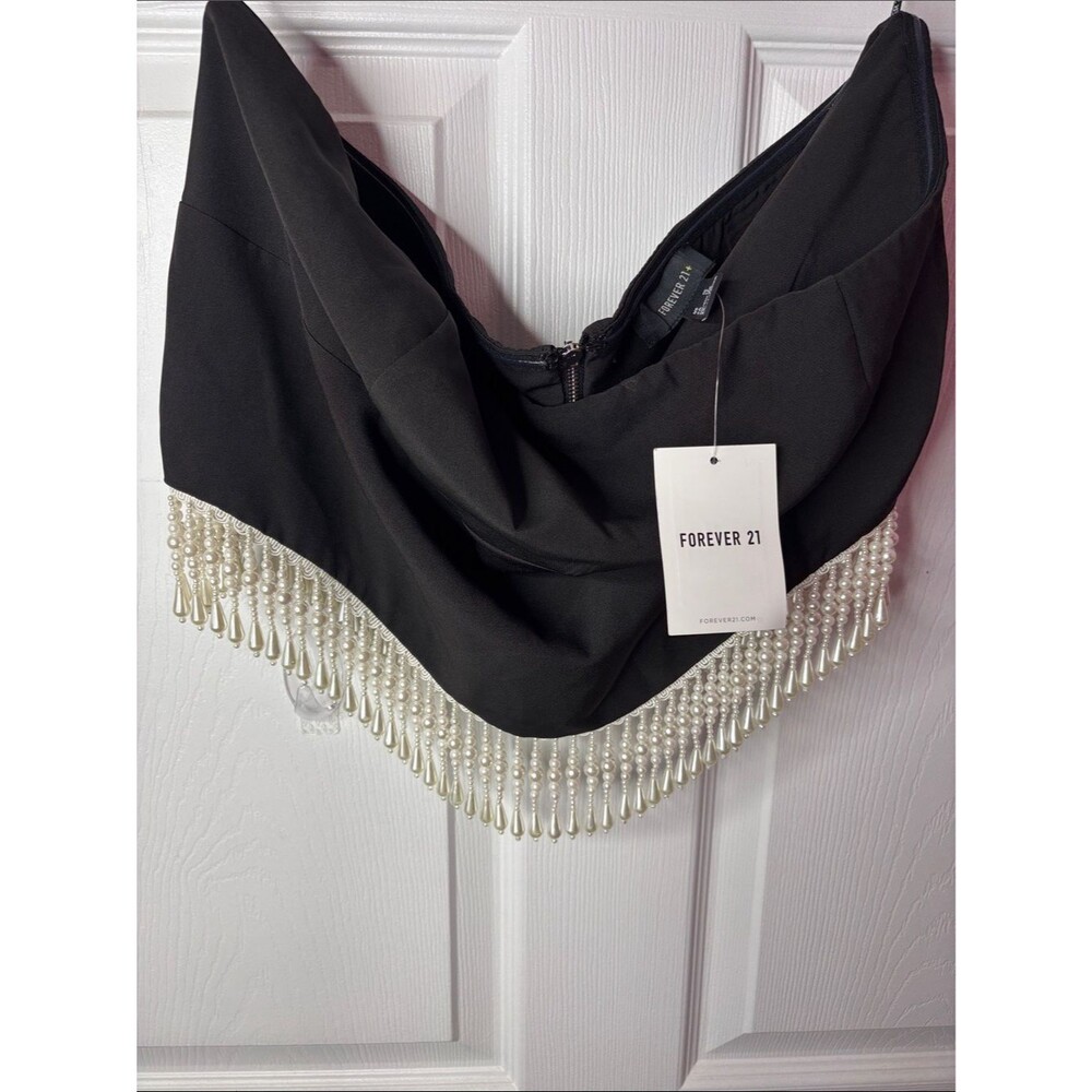Forever 21 Black Strapless Tube Top Pearl Beaded Fringe V-Hem Statement Top